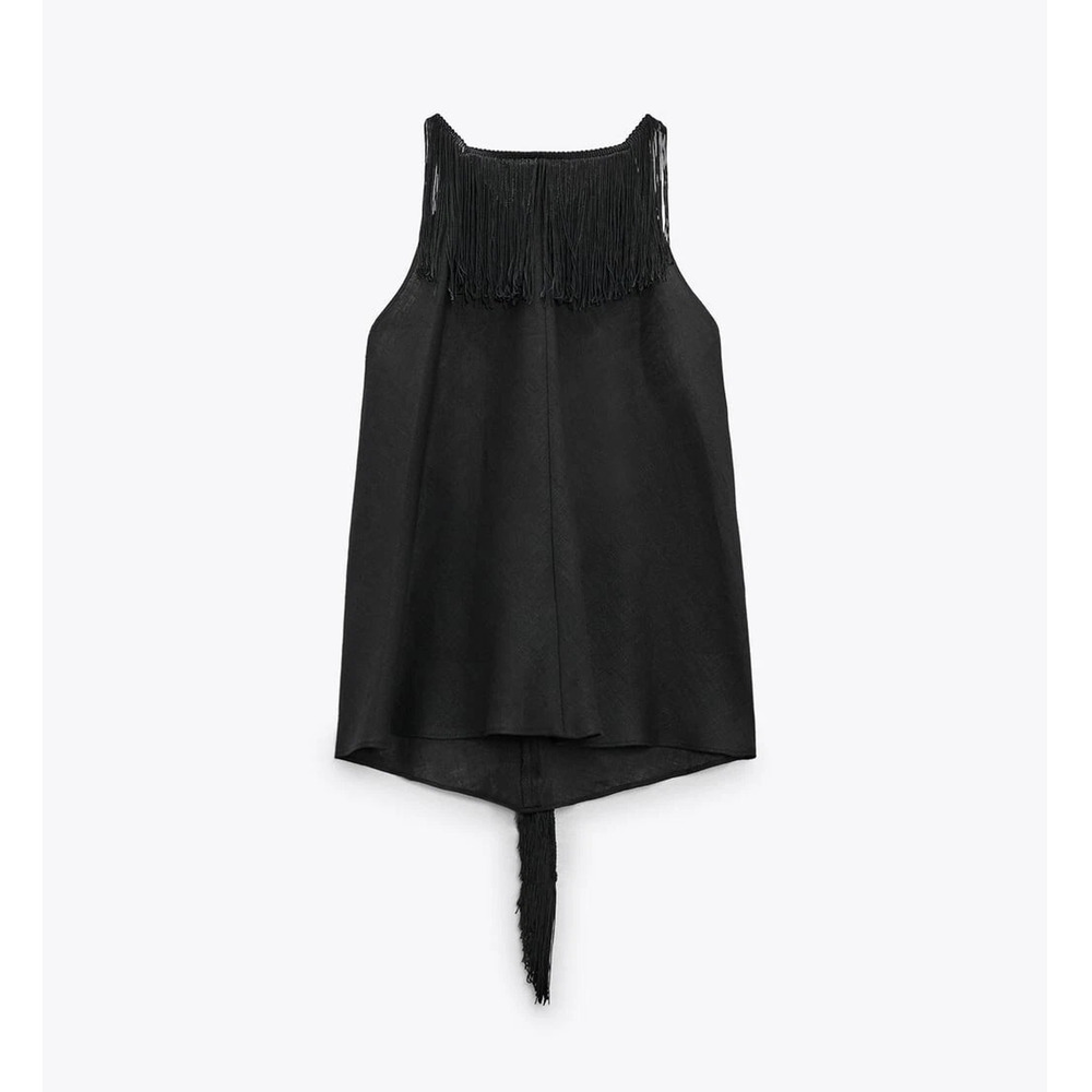 Zara NWT Black Linen Fringe Co-Ord Set Top Skirt L - Picture 15 of 16